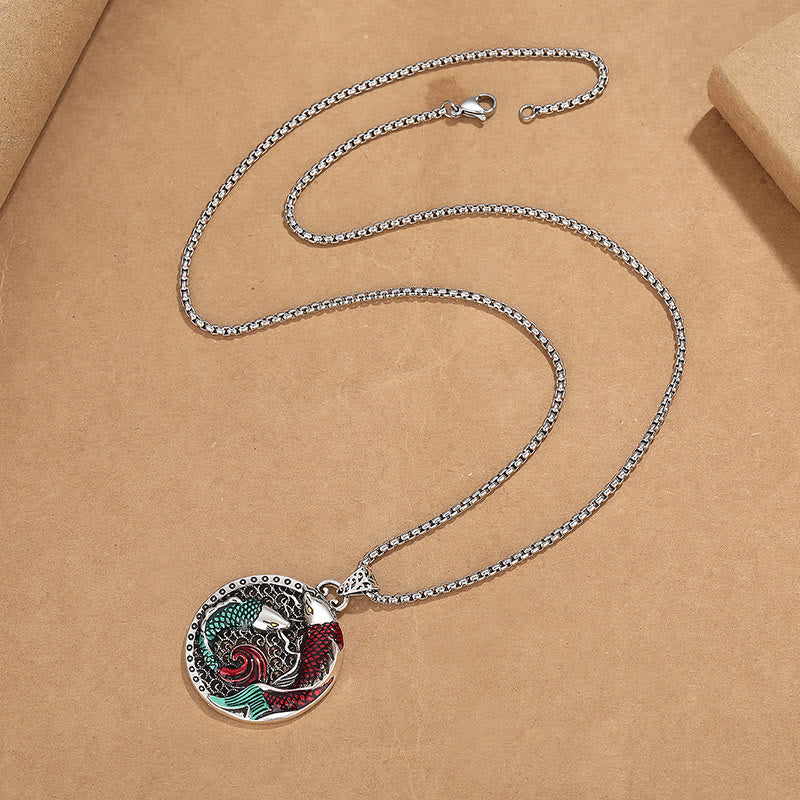 Collana di guarigione con pesce koi in rame tibetano e Buddha Stones