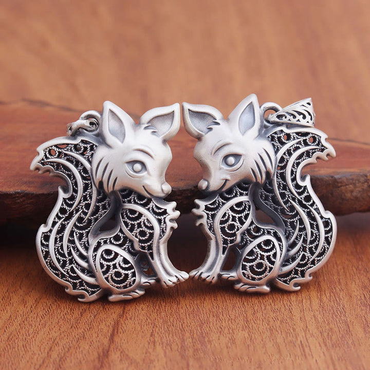 Collana con benedizione a due lati con motivo volpe in argento sterling 999 Tibet Buddha Stones