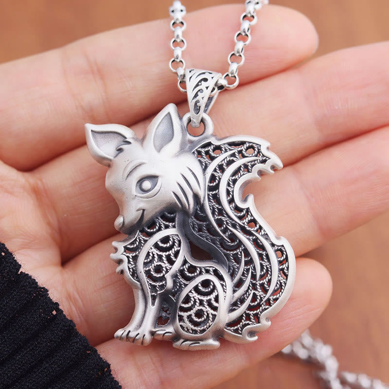 Collana con benedizione a due lati con motivo volpe in argento sterling 999 Tibet Buddha Stones