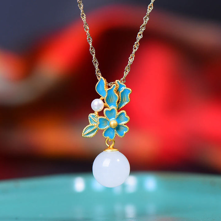 Buddha Stones Giada bianca Argento Sterling 925 Perla Fiore Benedizione Collana Pendente Anello Orecchini