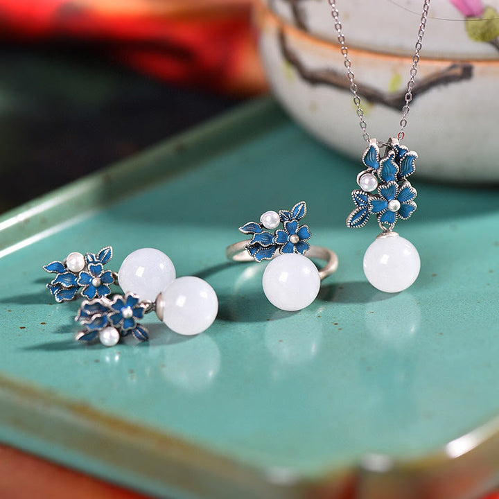 Buddha Stones Giada bianca Argento Sterling 925 Perla Fiore Benedizione Collana Pendente Anello Orecchini