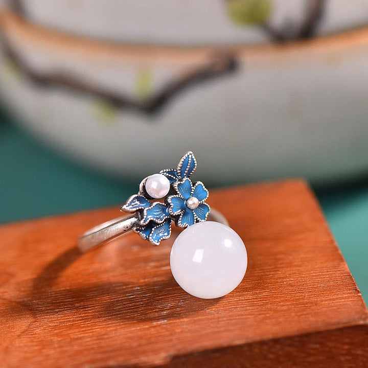 Buddha Stones Giada bianca Argento Sterling 925 Perla Fiore Benedizione Collana Pendente Anello Orecchini