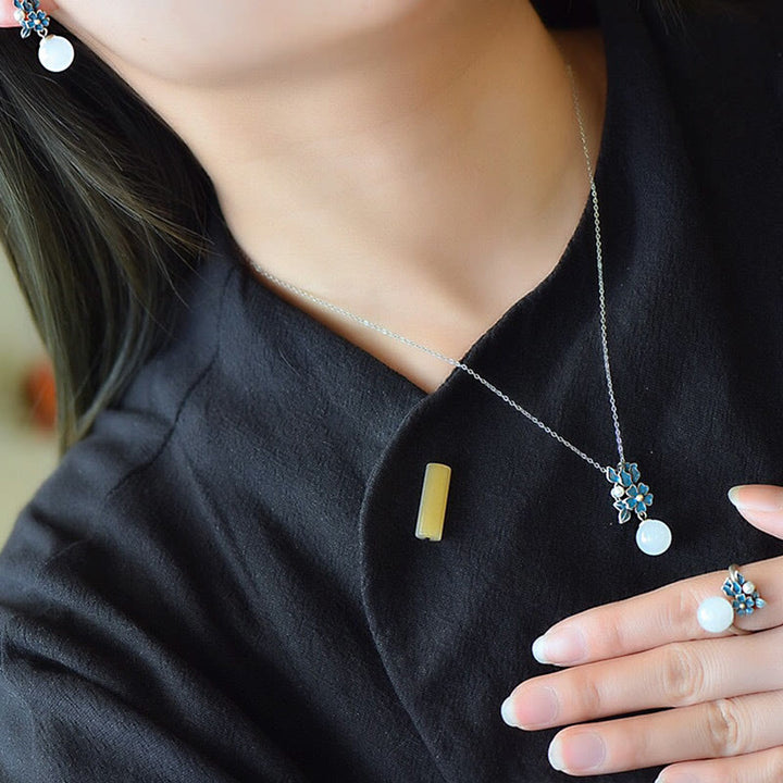 Buddha Stones Giada bianca Argento Sterling 925 Perla Fiore Benedizione Collana Pendente Anello Orecchini