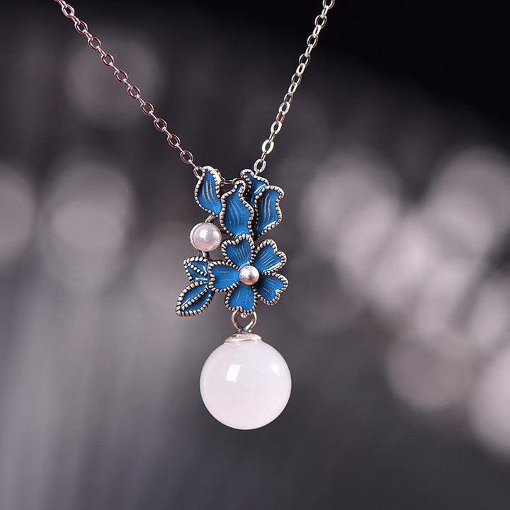 Buddha Stones Giada bianca Argento Sterling 925 Perla Fiore Benedizione Collana Pendente Anello Orecchini