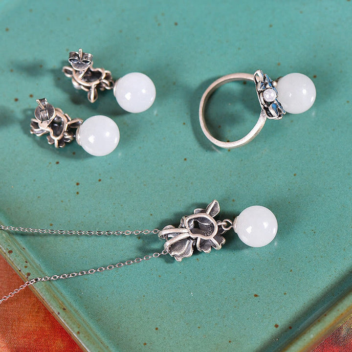 Buddha Stones Giada bianca Argento Sterling 925 Perla Fiore Benedizione Collana Pendente Anello Orecchini