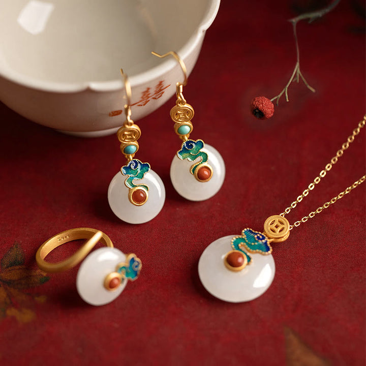 Buddha Stones Giada Monete di rame Nuvole di buon auspicio Prosperità Collana Ciondolo Bracciale Anello Orecchini