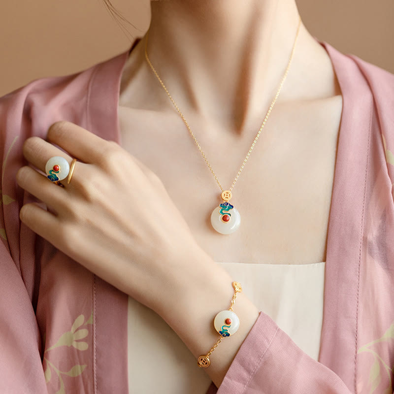 Buddha Stones Giada Monete di rame Nuvole di buon auspicio Prosperità Collana Ciondolo Bracciale Anello Orecchini