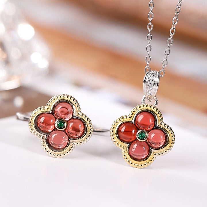 Buddha Stones 925 Sterling Silver Granato Naturale Quadrifoglio Protezione Collana Ciondolo Anello