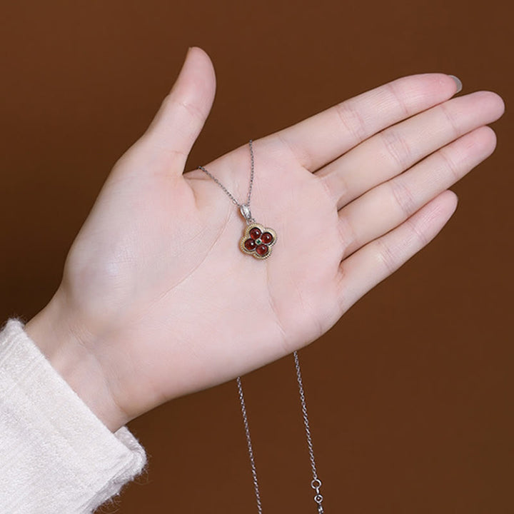 Buddha Stones 925 Sterling Silver Granato Naturale Quadrifoglio Protezione Collana Ciondolo Anello