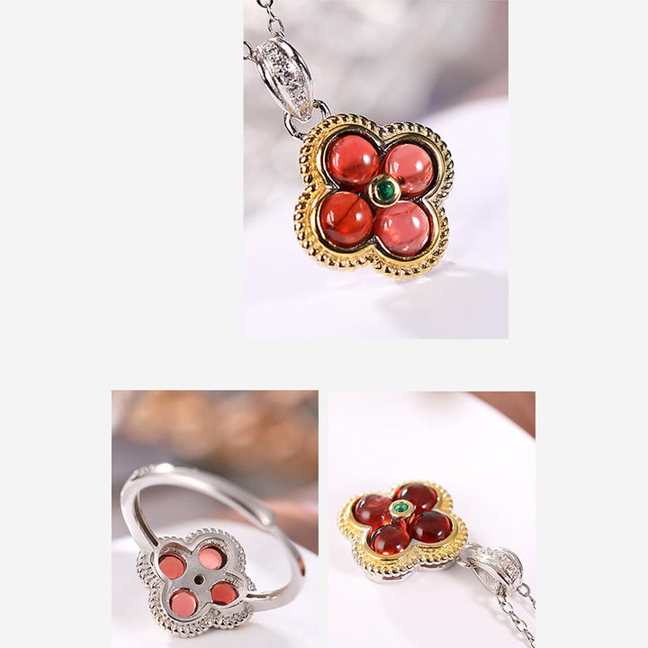 Buddha Stones 925 Sterling Silver Granato Naturale Quadrifoglio Protezione Collana Ciondolo Anello