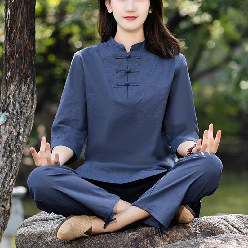 Buddha Stones 2 pezzi mezza manica camicia top pantaloni meditazione zen tai chi cotone lino abbigliamento donna set - Blu (Top e Pantaloni) - US8-10, UK/AU12-14, EU40-42 (2XL) - image 0