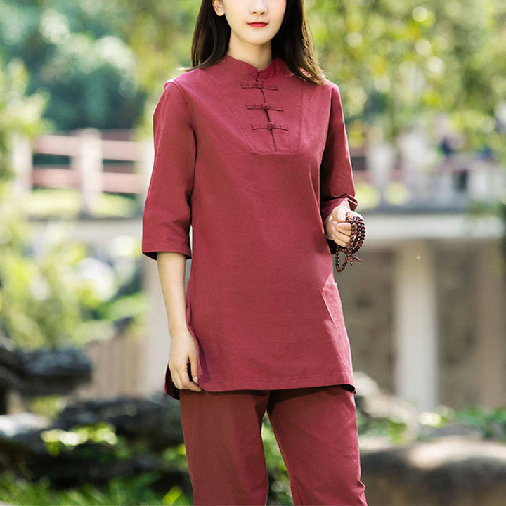 Buddha Stones 2 pezzi mezza manica camicia top pantaloni meditazione zen tai chi cotone lino abbigliamento donna set - Rosso (top e pantaloni) - US8-10, UK/AU12-14, EU40-42 (2XL) - image 2