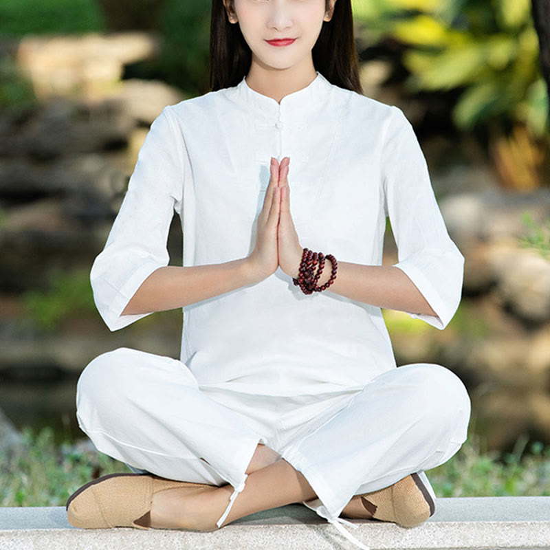 Buddha Stones 2 pezzi mezza manica camicia top pantaloni meditazione zen tai chi cotone lino abbigliamento donna set - Bianco (top e pantaloni) - US8-10, UK/AU12-14, EU40-42 (2XL) - image 12