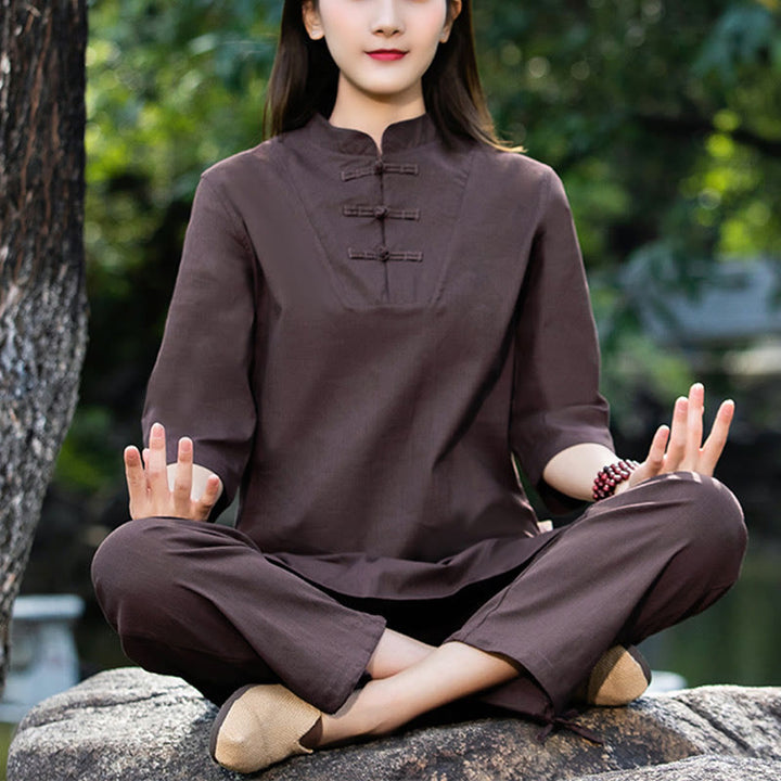 Buddha Stones 2 pezzi mezza manica camicia top pantaloni meditazione zen tai chi cotone lino abbigliamento donna set - Marrone (Top e Pantaloni) - US8-10, UK/AU12-14, EU40-42 (2XL) - image 22