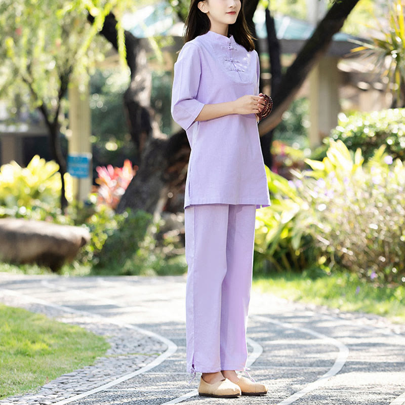 Buddha Stones 2 pezzi mezza manica camicia top pantaloni meditazione zen tai chi cotone lino abbigliamento donna set - Viola (top e pantaloni) - US8-10, UK/AU12-14, EU40-42 (2XL) - image 9