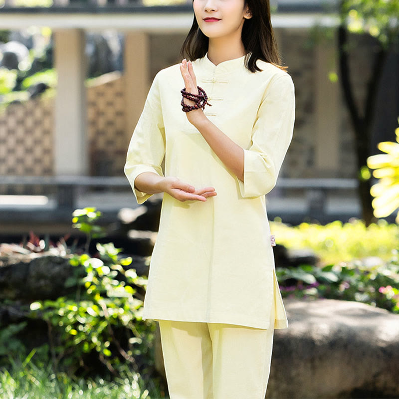 Buddha Stones 2 pezzi mezza manica camicia top pantaloni meditazione zen tai chi cotone lino abbigliamento donna set - Giallo (top e pantaloni) - US8-10, UK/AU12-14, EU40-42 (2XL) - image 19