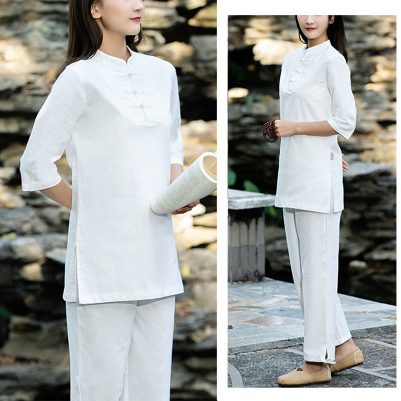 Buddha Stones 2 pezzi mezza manica camicia top pantaloni meditazione zen tai chi cotone lino abbigliamento donna set - image 14