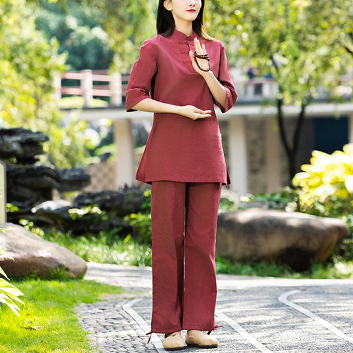 Buddha Stones 2 pezzi mezza manica camicia top pantaloni meditazione zen tai chi cotone lino abbigliamento donna set - image 5