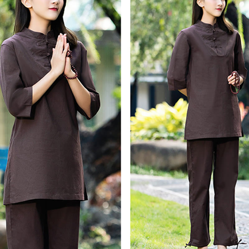 Buddha Stones 2 pezzi mezza manica camicia top pantaloni meditazione zen tai chi cotone lino abbigliamento donna set - image 23