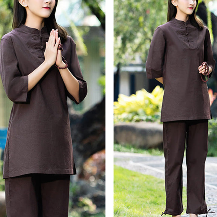 Buddha Stones 2 pezzi mezza manica camicia top pantaloni meditazione zen tai chi cotone lino abbigliamento donna set - image 23