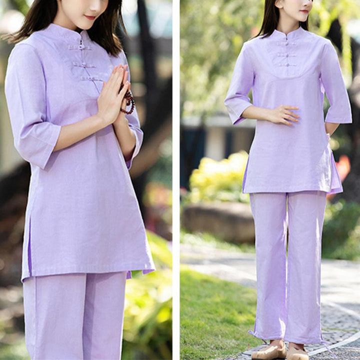 Buddha Stones 2 pezzi mezza manica camicia top pantaloni meditazione zen tai chi cotone lino abbigliamento donna set - image 11