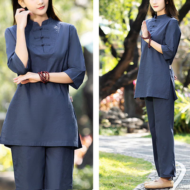 Buddha Stones 2 pezzi mezza manica camicia top pantaloni meditazione zen tai chi cotone lino abbigliamento donna set - image 1