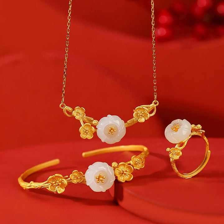 Buddha Stones 925 Sterling Silver Placcato Oro Hetian Giada Prugna Fiore Collana Pendente Bracciale Anello Braccialetto