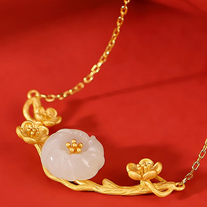 Buddha Stones 925 Sterling Silver Placcato Oro Hetian Giada Prugna Fiore Collana Pendente Bracciale Anello Braccialetto