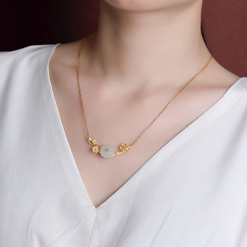 Buddha Stones 925 Sterling Silver Placcato Oro Hetian Giada Prugna Fiore Collana Pendente Bracciale Anello Braccialetto