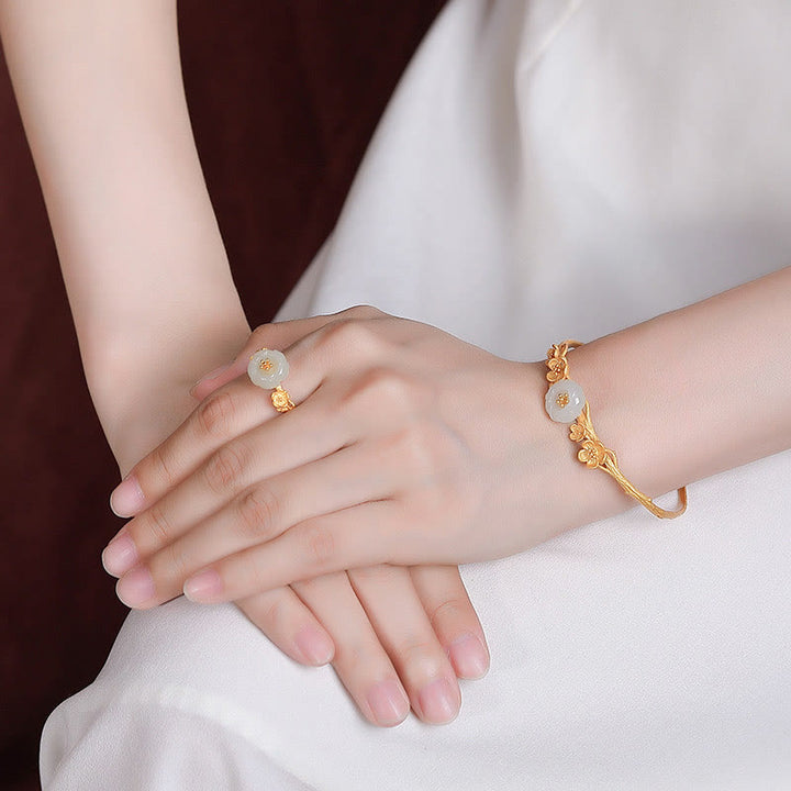 Buddha Stones 925 Sterling Silver Placcato Oro Hetian Giada Prugna Fiore Collana Pendente Bracciale Anello Braccialetto