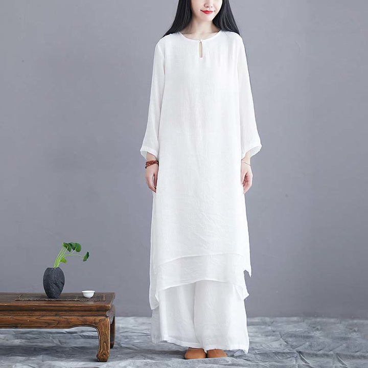 Abito midi a tinta unita con pantaloni a gamba larga e motivo Buddha Stones , ideale per meditazione, pratica spirituale, zen, yoga e danza. - Completo 2 pezzi bianco (vestito e pantaloni) - US12, UK/AU16, EU44 (2XL)  - image 0