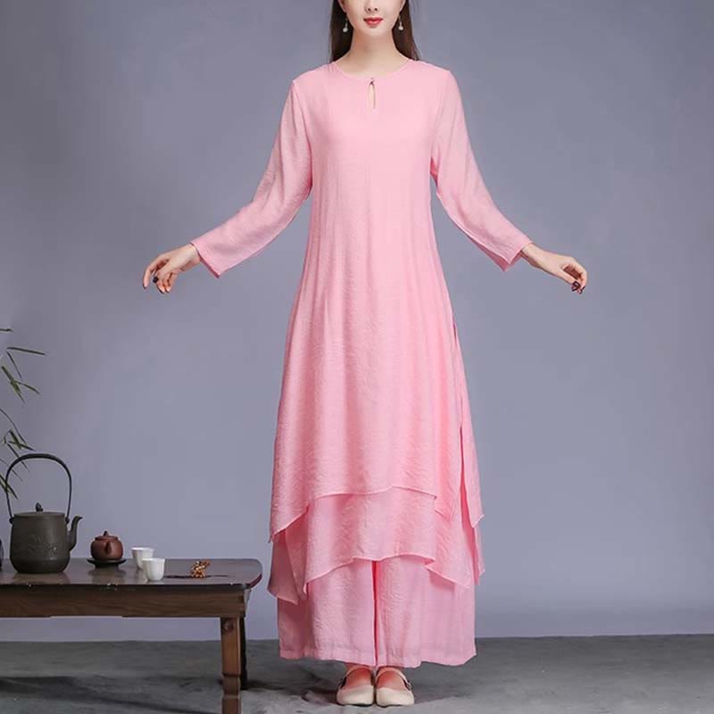 Buddha Stones 2 pezzi tinta unita vestito midi pantaloni gamba larga meditazione spirituale zen pratica yoga danza abbigliamento - 2 pezzi rosa (vestito e pantaloni) - US12, UK/AU16, EU44 (2XL)  - image 12