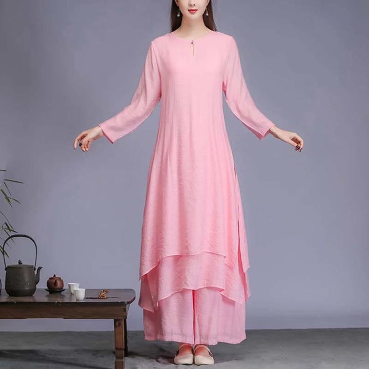 Buddha Stones 2 pezzi tinta unita vestito midi pantaloni gamba larga meditazione spirituale zen pratica yoga danza abbigliamento - 2 pezzi rosa (vestito e pantaloni) - US12, UK/AU16, EU44 (2XL)  - image 12