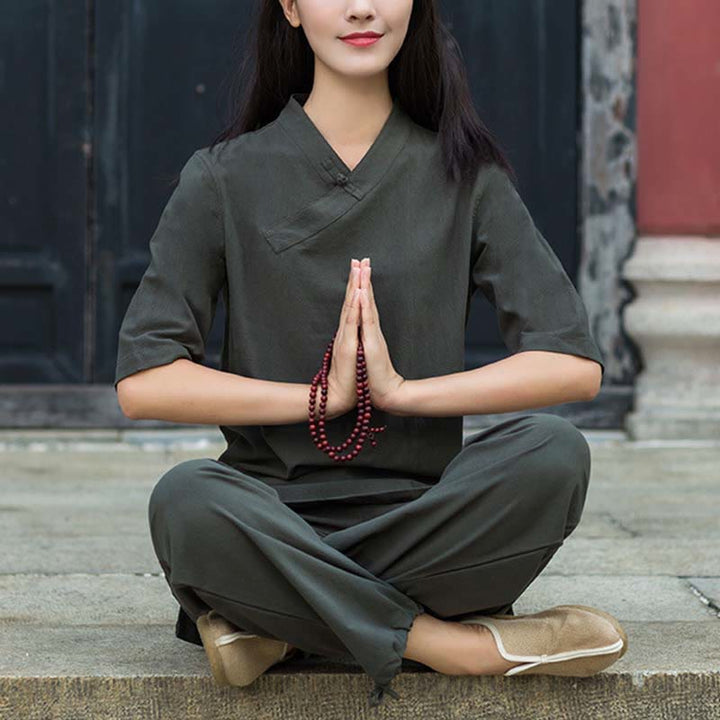 Buddha Stones 2 pezzi mezza manica scollo a V camicia top pantaloni meditazione zen tai chi abbigliamento in lino set da donna
