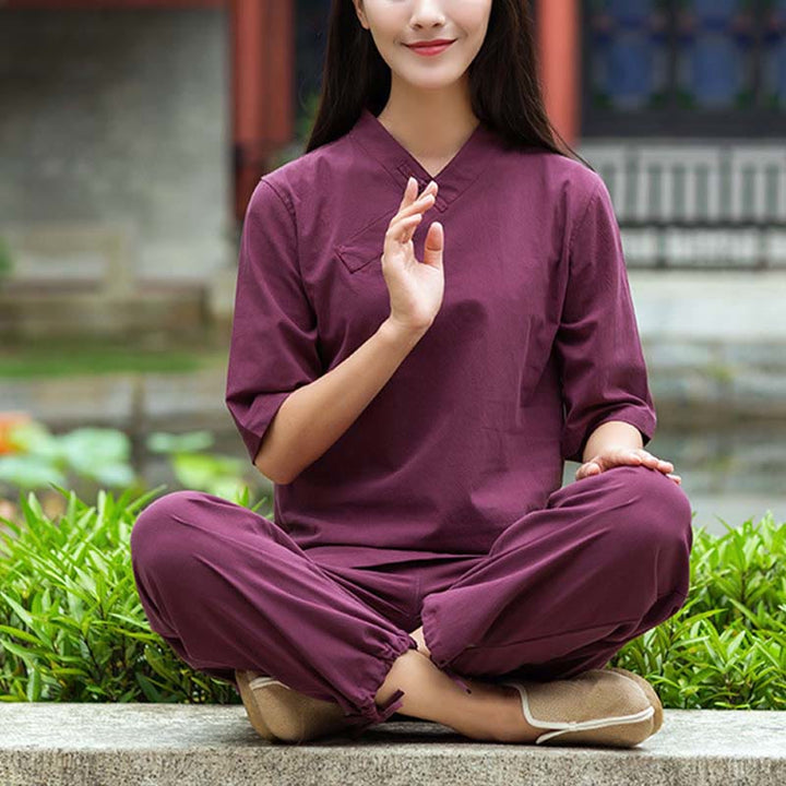Buddha Stones 2 pezzi mezza manica scollo a V camicia top pantaloni meditazione zen tai chi abbigliamento in lino set da donna