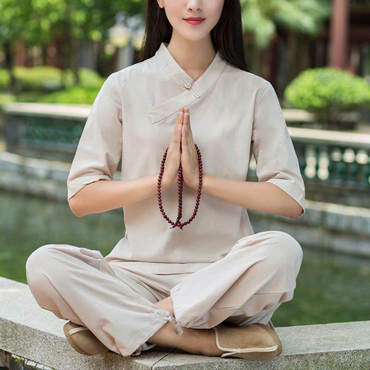 Buddha Stones 2 pezzi mezza manica scollo a V camicia top pantaloni meditazione zen tai chi abbigliamento in lino set da donna