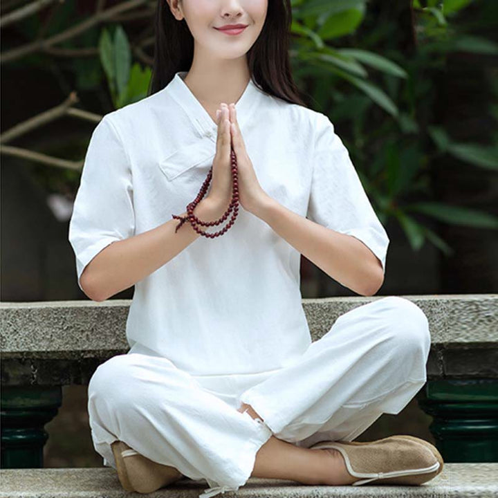 Buddha Stones 2 pezzi mezza manica scollo a V camicia top pantaloni meditazione zen tai chi abbigliamento in lino set da donna
