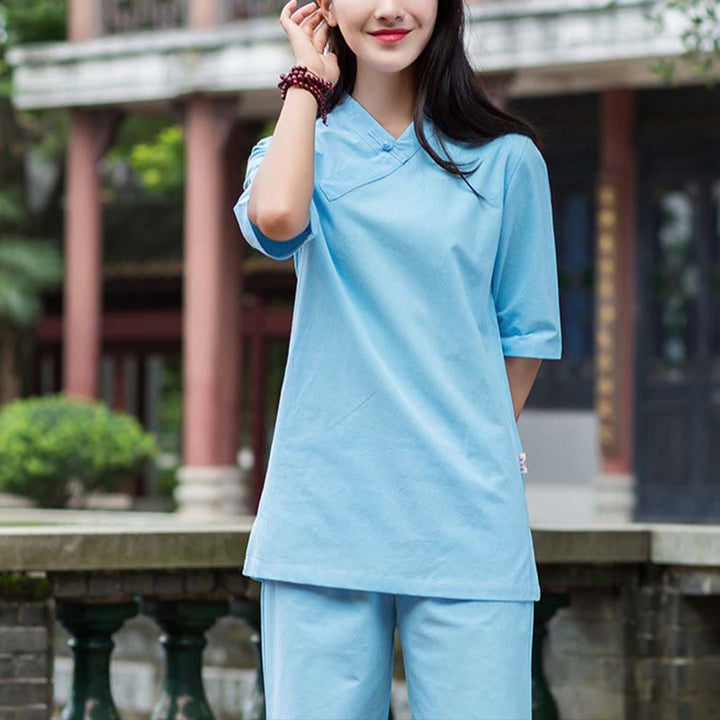 Buddha Stones 2 pezzi mezza manica scollo a V camicia top pantaloni meditazione zen tai chi abbigliamento in lino set da donna