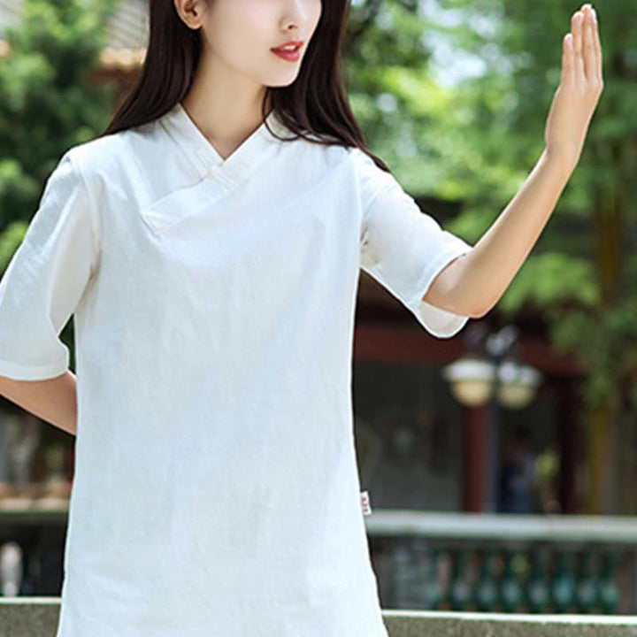 Buddha Stones 2 pezzi mezza manica scollo a V camicia top pantaloni meditazione zen tai chi abbigliamento in lino set da donna
