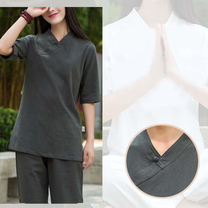 Buddha Stones 2 pezzi mezza manica scollo a V camicia top pantaloni meditazione zen tai chi abbigliamento in lino set da donna
