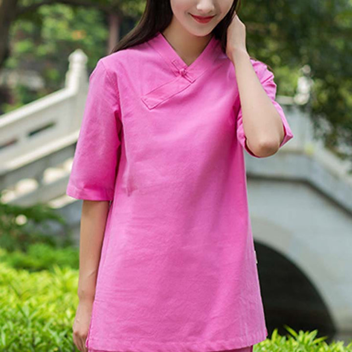 Buddha Stones 2 pezzi mezza manica scollo a V camicia top pantaloni meditazione zen tai chi abbigliamento in lino set da donna
