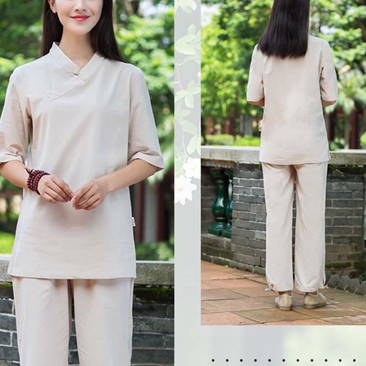 Buddha Stones 2 pezzi mezza manica scollo a V camicia top pantaloni meditazione zen tai chi abbigliamento in lino set da donna