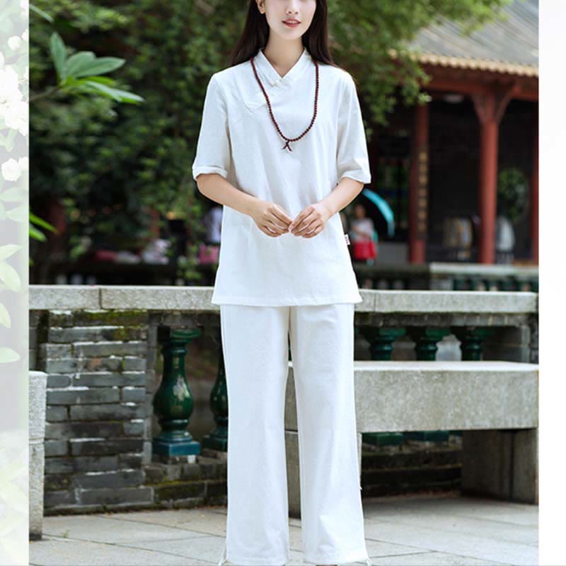 Buddha Stones 2 pezzi mezza manica scollo a V camicia top pantaloni meditazione zen tai chi abbigliamento in lino set da donna