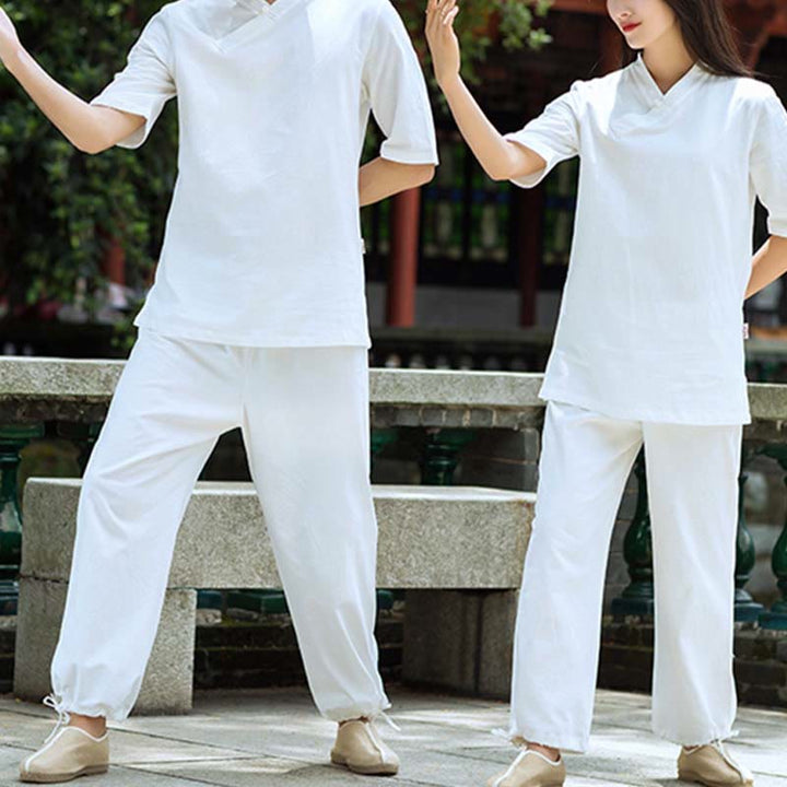 Buddha Stones 2 pezzi mezza manica scollo a V camicia top pantaloni meditazione zen tai chi abbigliamento in lino set da donna