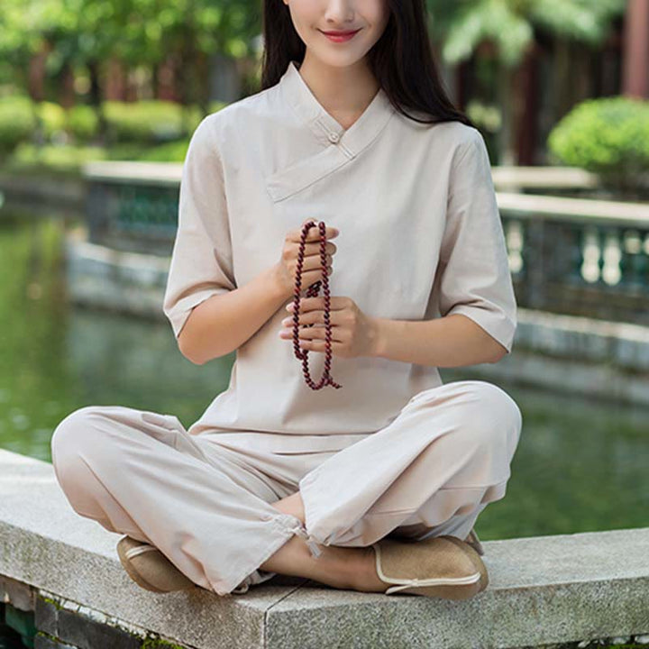 Buddha Stones 2 pezzi mezza manica scollo a V camicia top pantaloni meditazione zen tai chi abbigliamento in lino set da donna