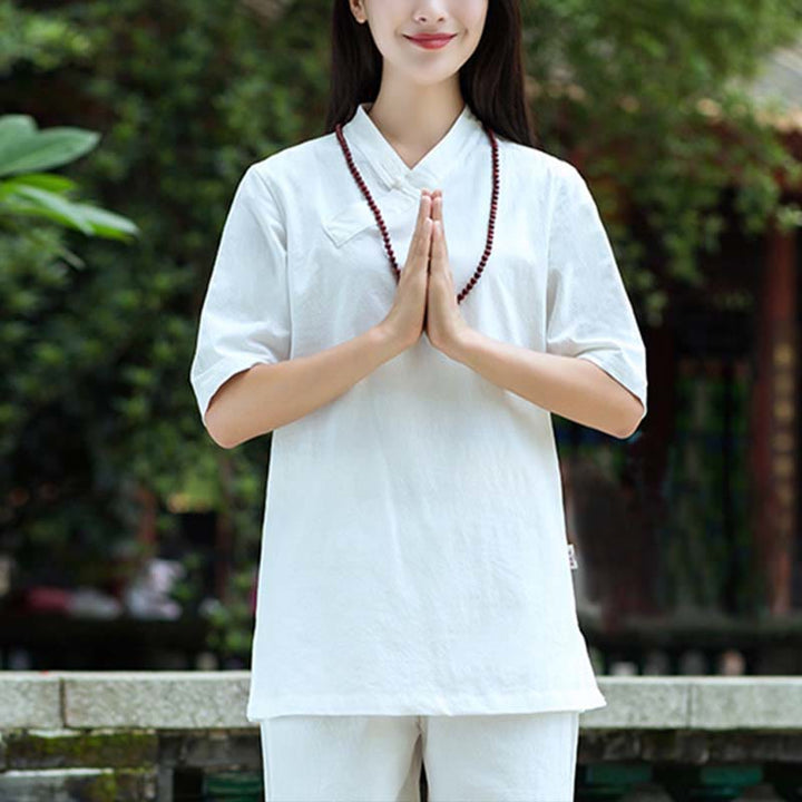 Buddha Stones 2 pezzi mezza manica scollo a V camicia top pantaloni meditazione zen tai chi abbigliamento in lino set da donna