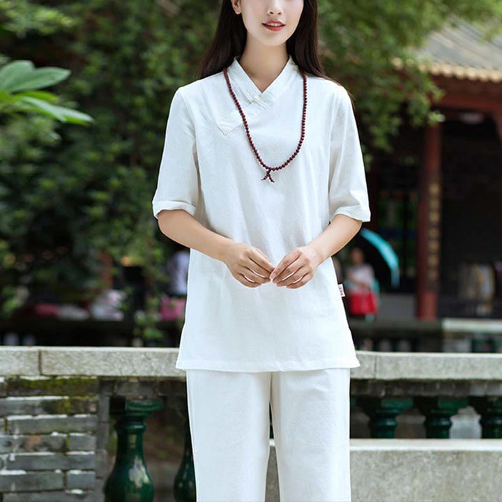 Buddha Stones 2 pezzi mezza manica scollo a V camicia top pantaloni meditazione zen tai chi abbigliamento in lino set da donna