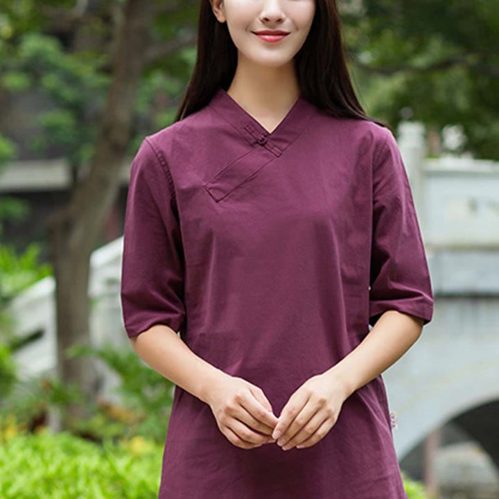 Buddha Stones 2 pezzi mezza manica scollo a V camicia top pantaloni meditazione zen tai chi abbigliamento in lino set da donna
