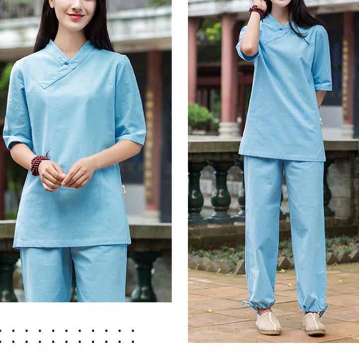 Buddha Stones 2 pezzi mezza manica scollo a V camicia top pantaloni meditazione zen tai chi abbigliamento in lino set da donna