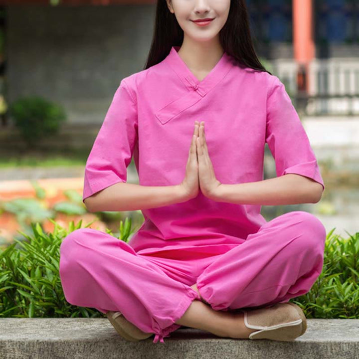 Buddha Stones 2 pezzi mezza manica scollo a V camicia top pantaloni meditazione zen tai chi abbigliamento in lino set da donna